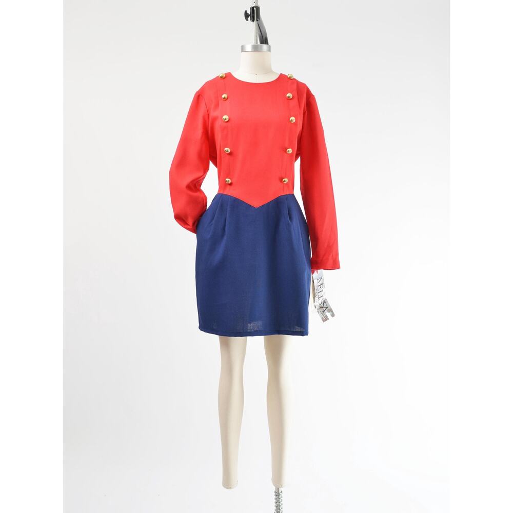 Vintage Red Navy Military Nautical Basque Waistline Pleated Front Sheath Dress M - Picture 2 of 7